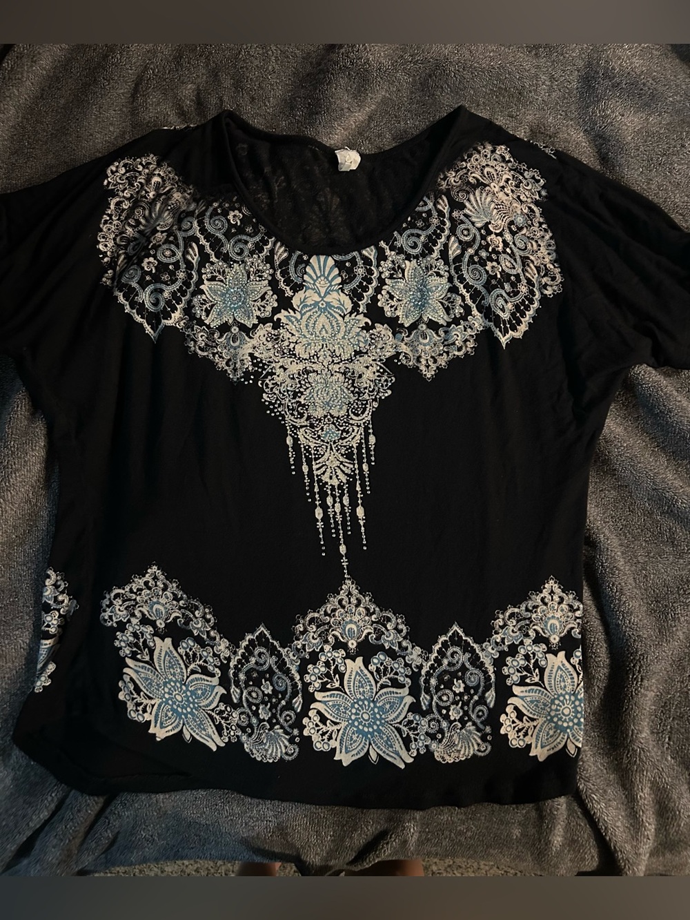 Womens Black Floral Embroidered Scoop Neck Top